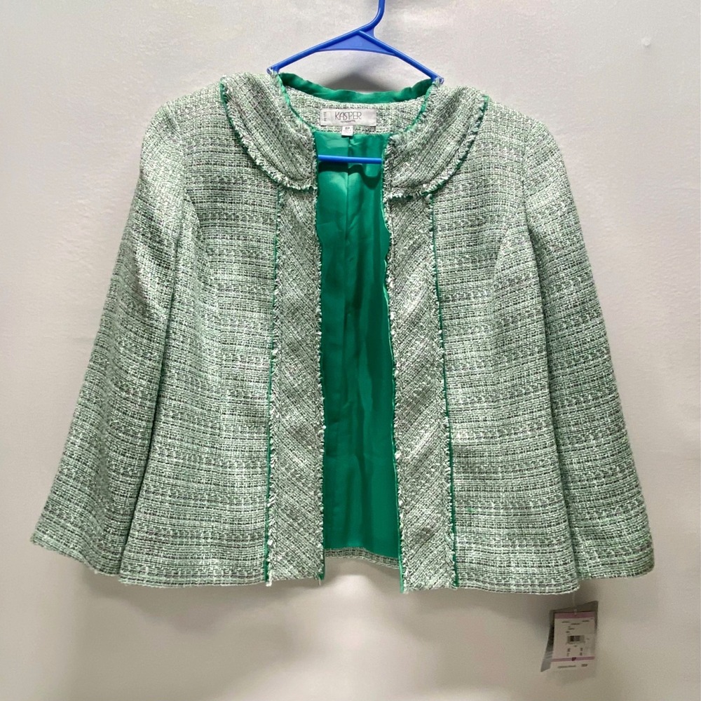 Kasper Seperates Blazer Women's 6P Grn Spearmint Tweed Open Front 3/4 Sleeve NWT